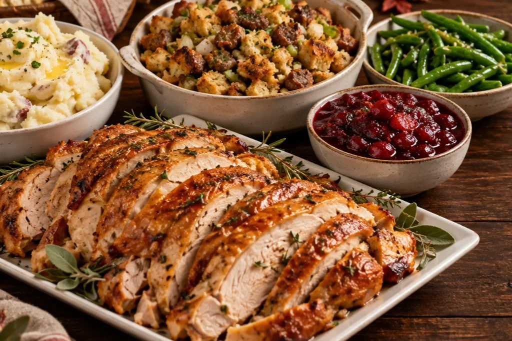 Bravo Thanksgiving spread with sliced turkey, stuffing, mashed potatoes, green beans and cranberry sauce on a rustic holiday table.