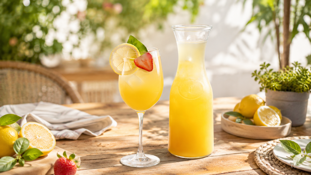 Yellow sangria with lemon, strawberry and basil garnish.