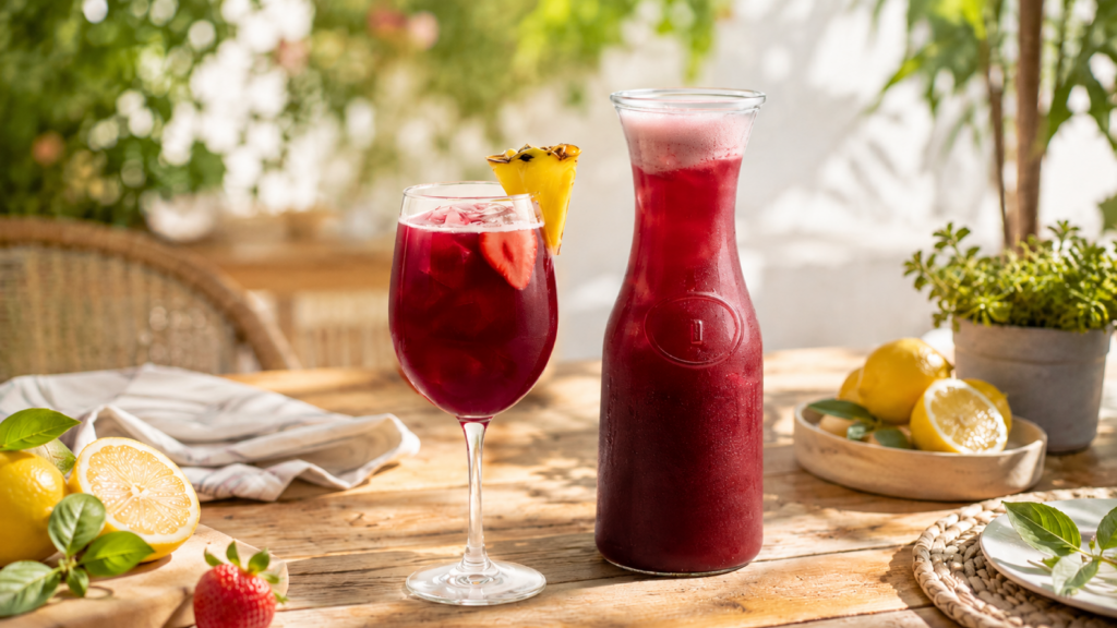Red sangria with fruit garnish and a carafe.