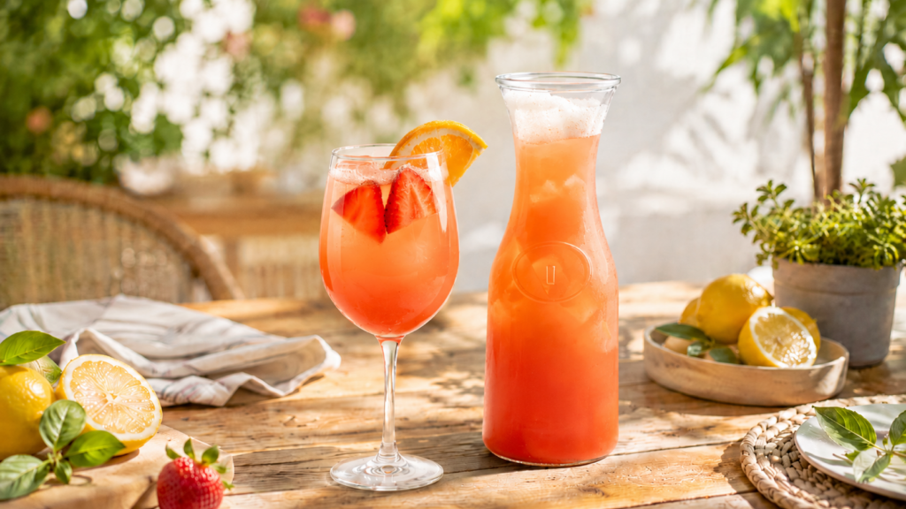 Orange sangria with strawberries and a carafe.