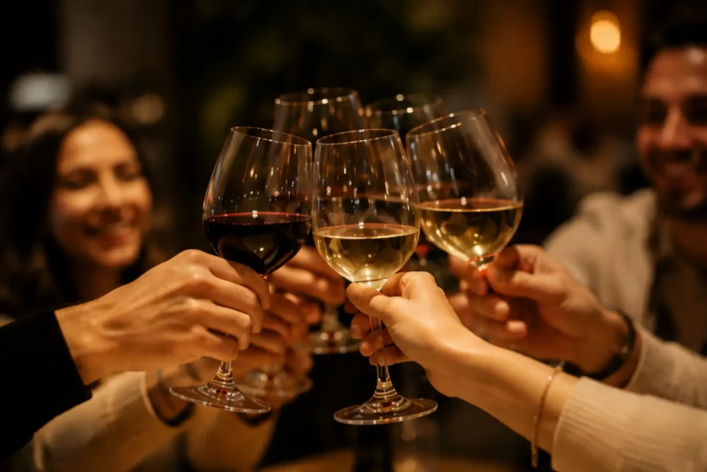 Friends toast with glasses of red and white wine.