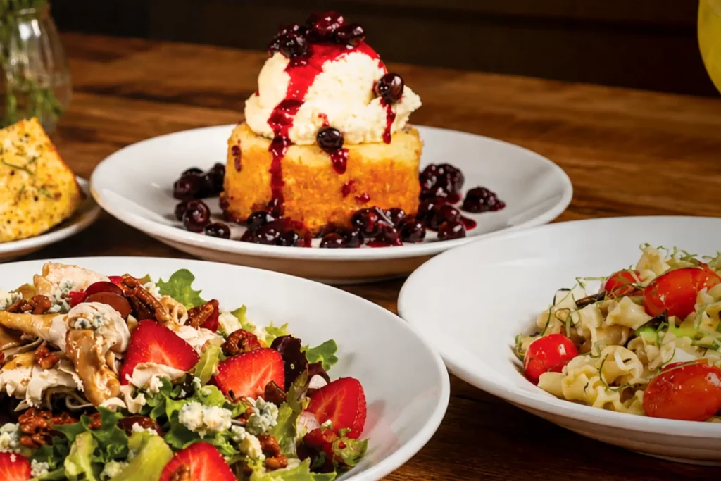 Salad, pasta and dessert served on a wooden table.