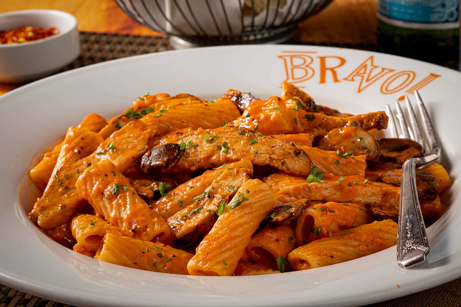 Pasta Bravo plated on a table