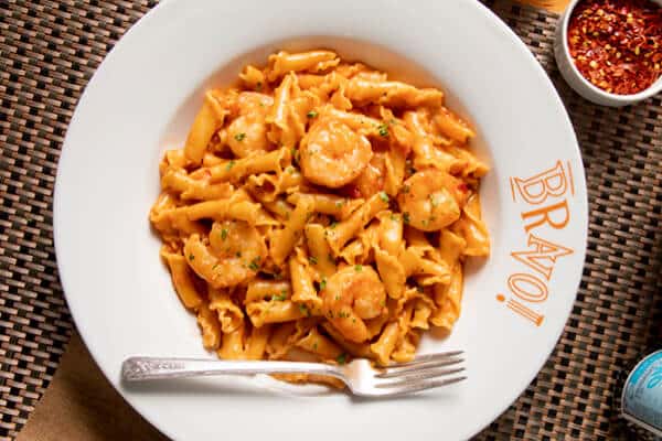 Closeup of Shrimp Fra Diavolo in a Bravo plate