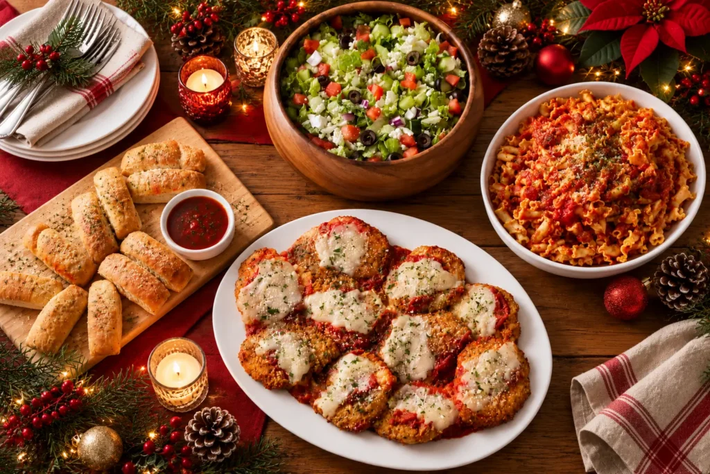 Bravo holiday catering spread with pasta, salad, bread and Italian entrées surrounded by festive Christmas decor.