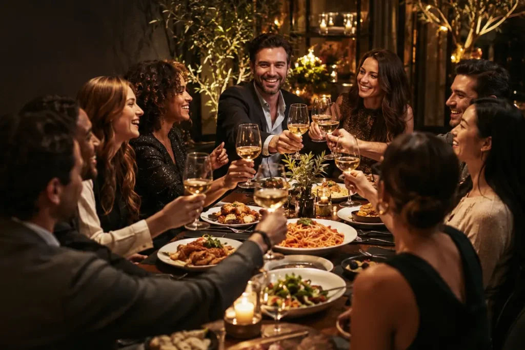 Group of guests raising glasses over an Italian dinner at Bravo during a holiday gathering.