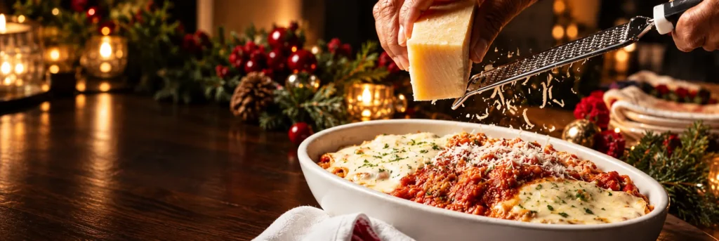 Bravo baked pasta topped with freshly grated cheese and surrounded by festive holiday greenery, berries and candlelight.
